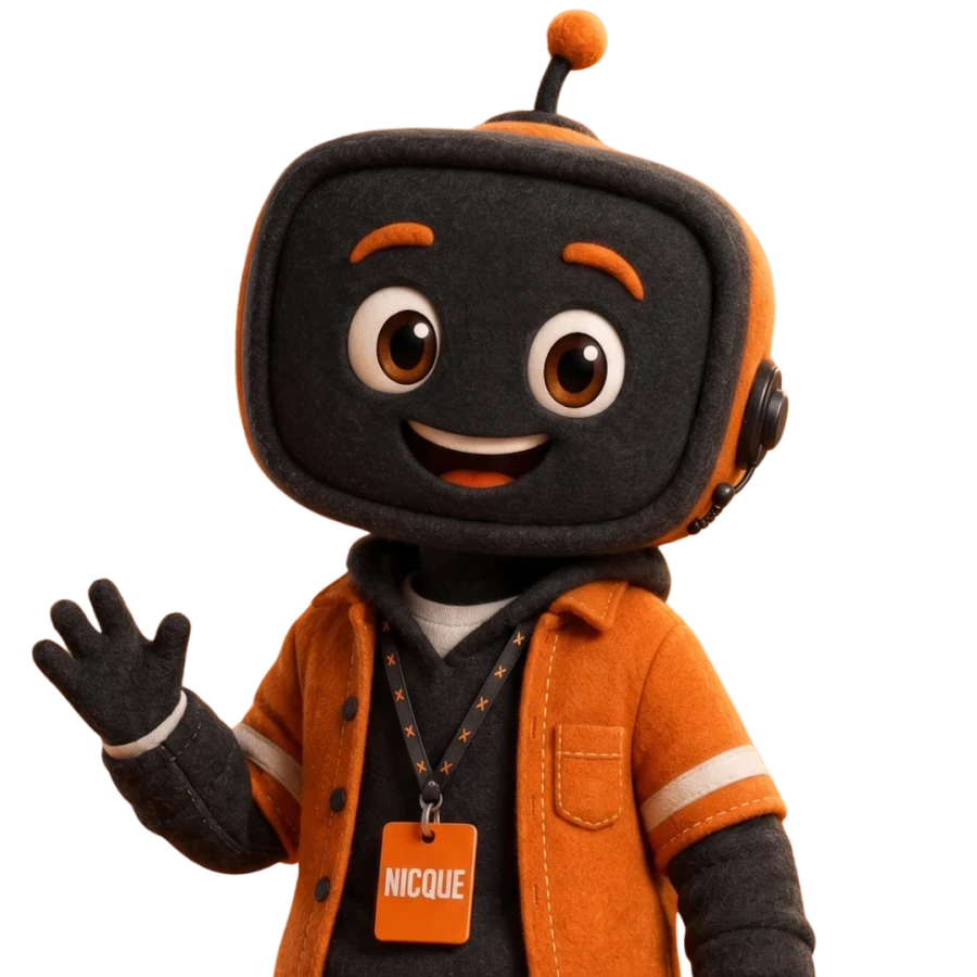 Nicquinho, o assistente-guia da COMUNIC, sorrindo e acenando